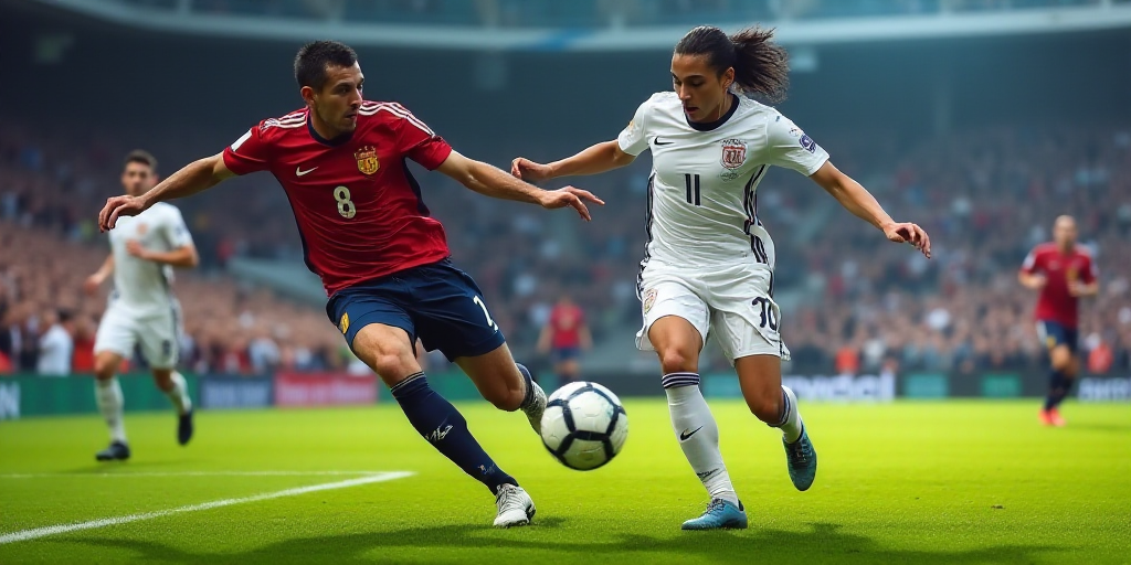 two soccer players are fighting for the ball during a game in a stadium with a crowd watching them f