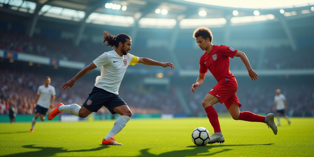 two soccer players are playing soccer on a field with a crowd watching them from the stands and fans