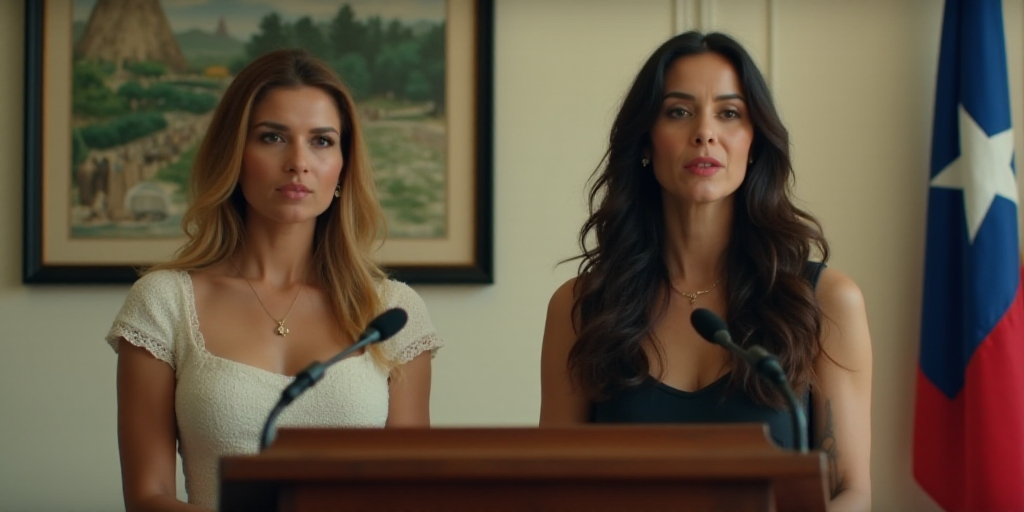 two women standing at a podium in front of a poster and a flag on a wall behind them,, Agustín Fern