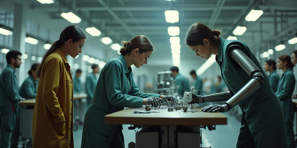 two women working on a machine in a factory with other people watching them from the sidelines of th