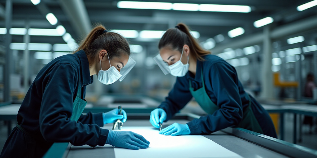 two workers are working on a machine in a factory with a protective mask on their head and a protect