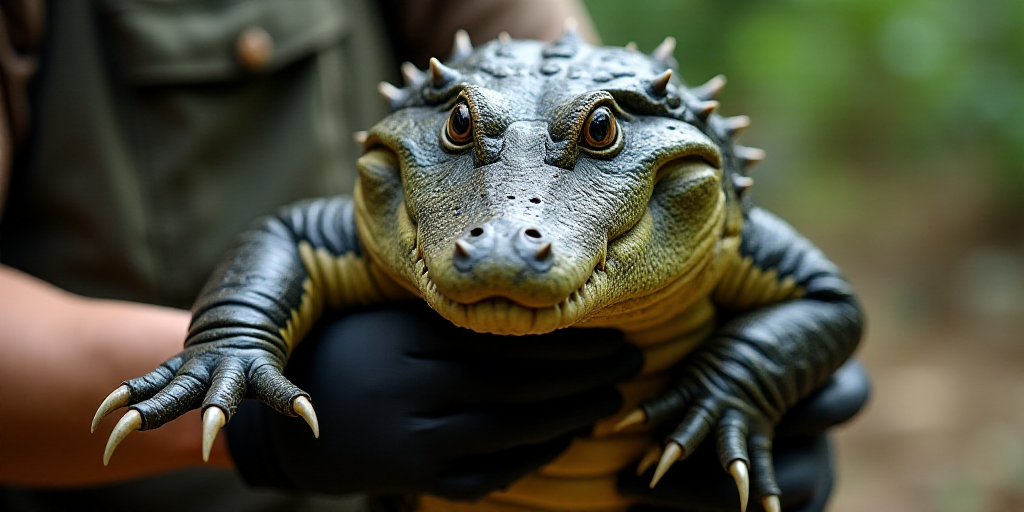a armadile is being held by a person with a glove on it's arm and a piece of cloth around its arm, A