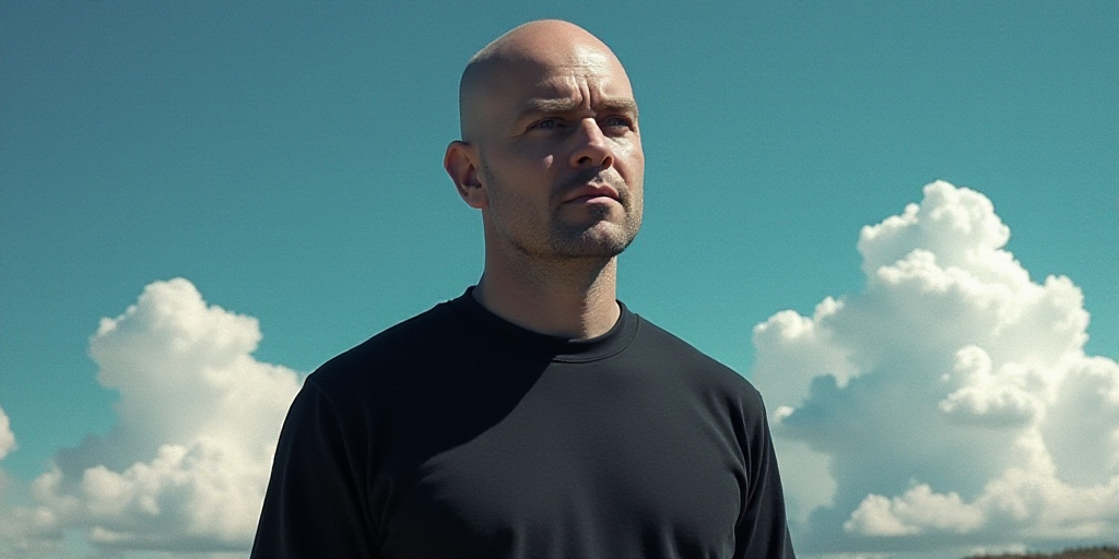 a bald man with a black shirt and a black shirt and a blue background with white clouds and a black