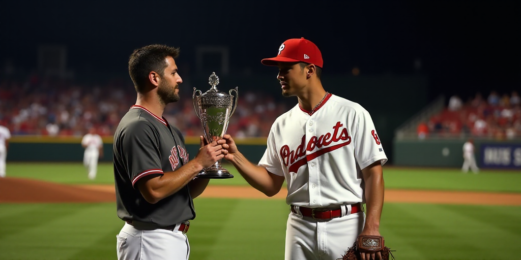 a baseball player holding a trophy next to a man in a baseball uniform on a field at night with a cr