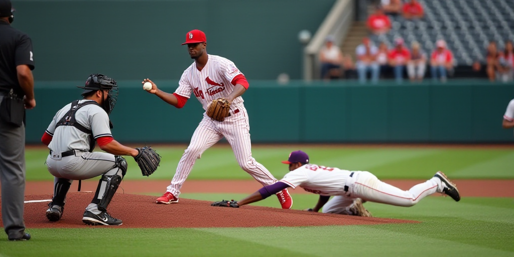 a baseball player throwing a ball to another player on a field with a catcher and umpire behind him