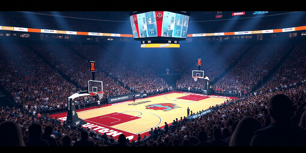 a basketball court with a large screen on it's wall and a crowd of people watching it from the stand