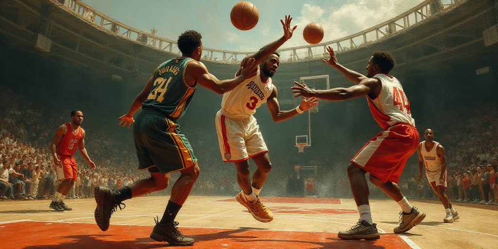 a basketball player is going to block a shot by two other players in a game of basketball on a court