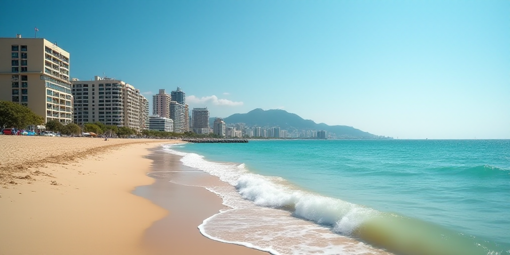 a beach with a bunch of buildings next to it and a body of water in the background with a blue sky,