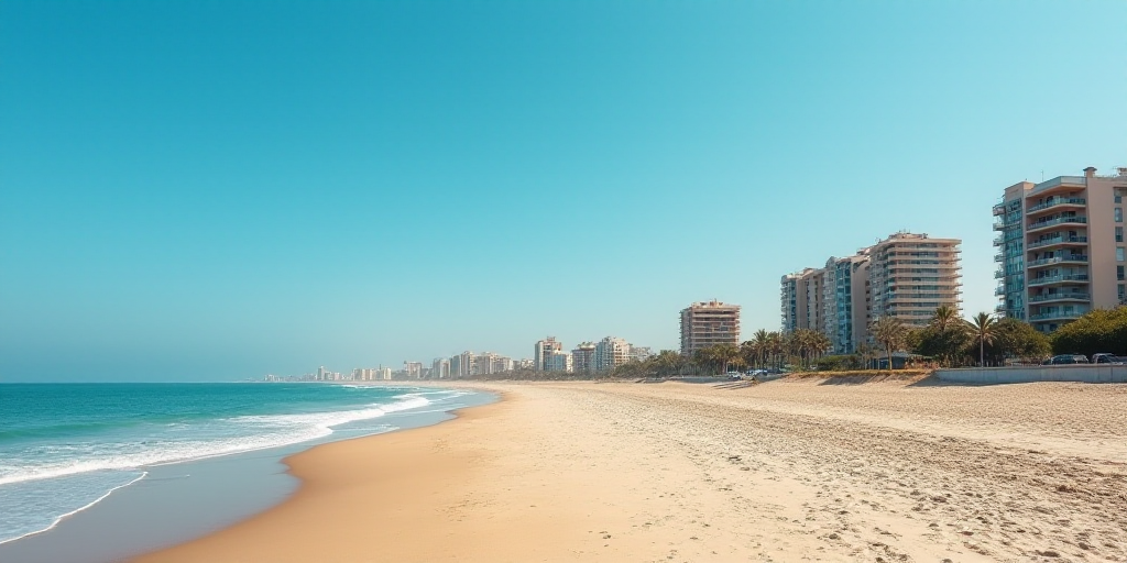a beach with a bunch of buildings next to it and a body of water in the background with a blue sky,