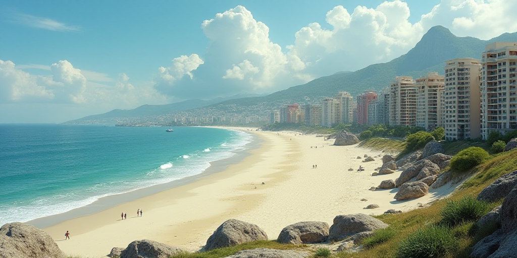 a beach with a bunch of buildings next to it and a body of water in the background with a few boats