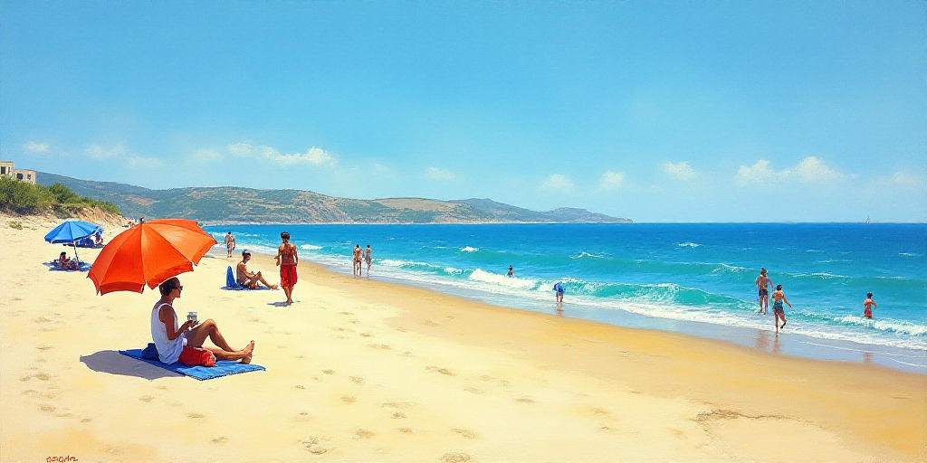 a beach with people and umbrellas on a sunny day with blue skies and blue water in the background, B