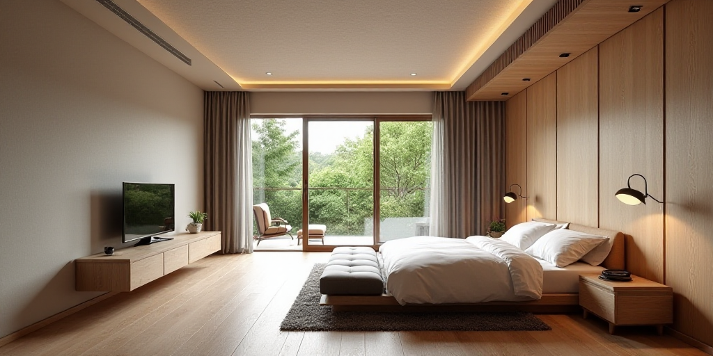 a bedroom with a couch, bed, and a television in it's corner with a sliding glass door, Enguerrand Q