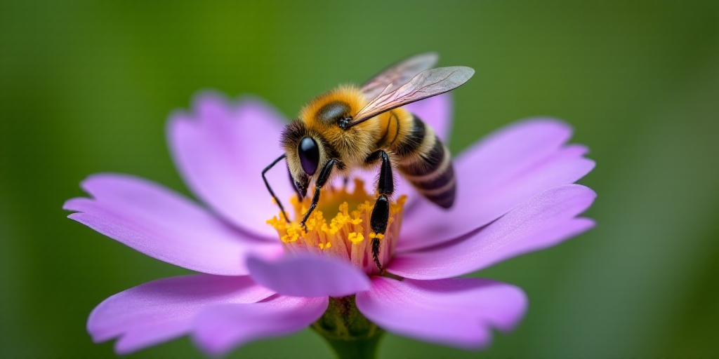 a bee is sitting on a purple flower with yellow stamens on it's petals and a green background, Edi R