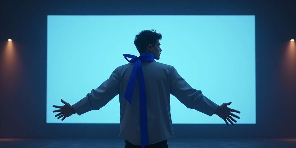 a big hero character is standing in front of a large screen with a blue ribbon around his neck and a