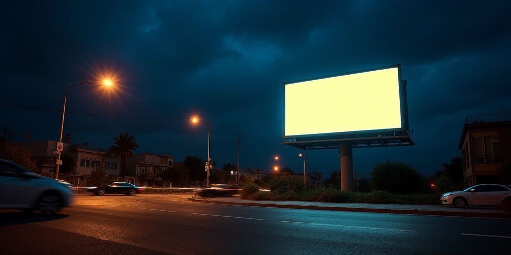 a billboard is lit up at night in a city street with cars and buildings in the background and a stre
