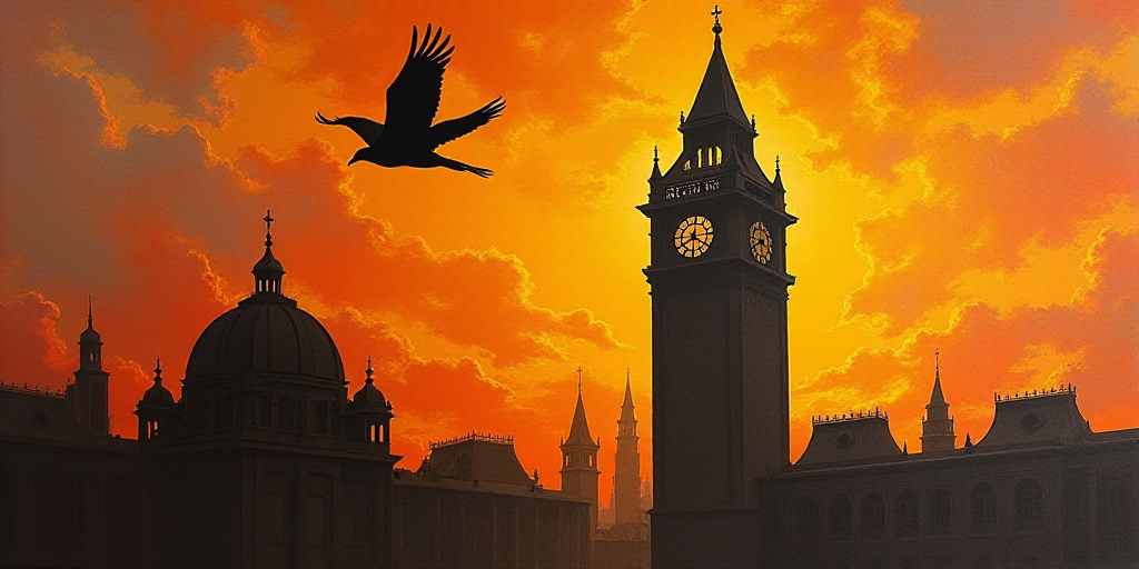 a bird flying over a tall building with a clock tower in the background at sunset or dawn with a bir