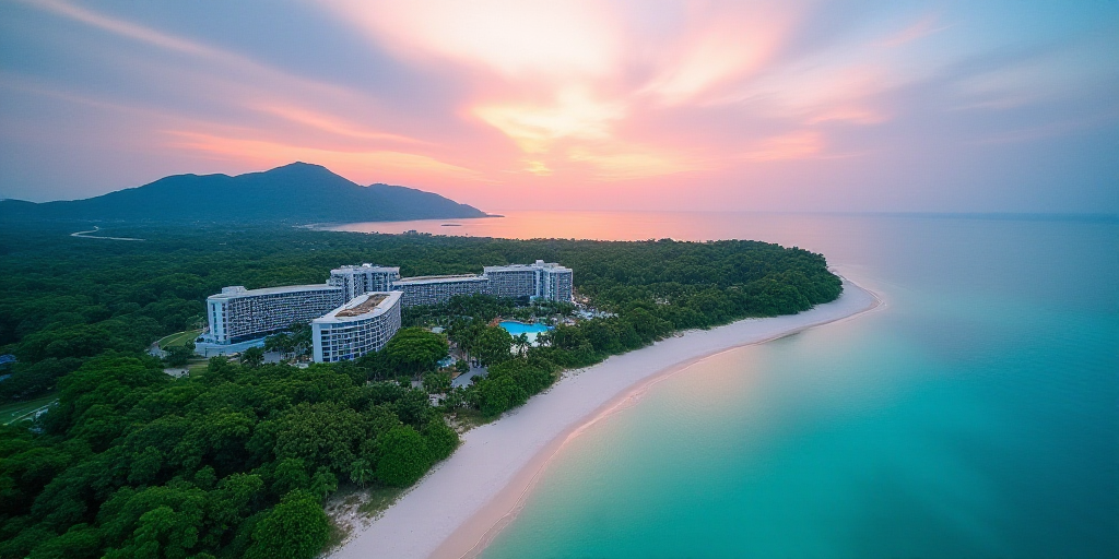 a bird's eye view of a beach resort and resort in the ocean with a colorful sky in the background, C