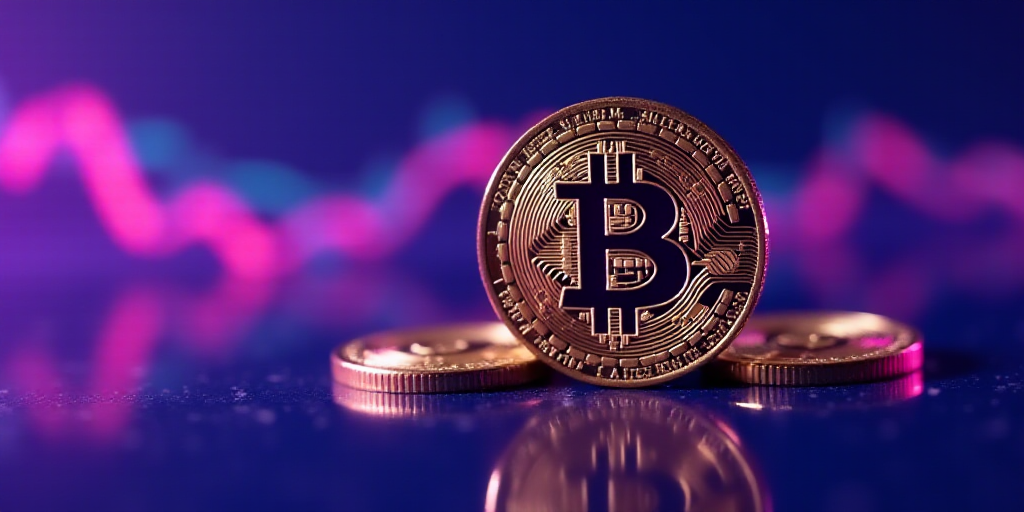a bitcoin on a stock chart with a purple background and a blue and purple background with a line gra