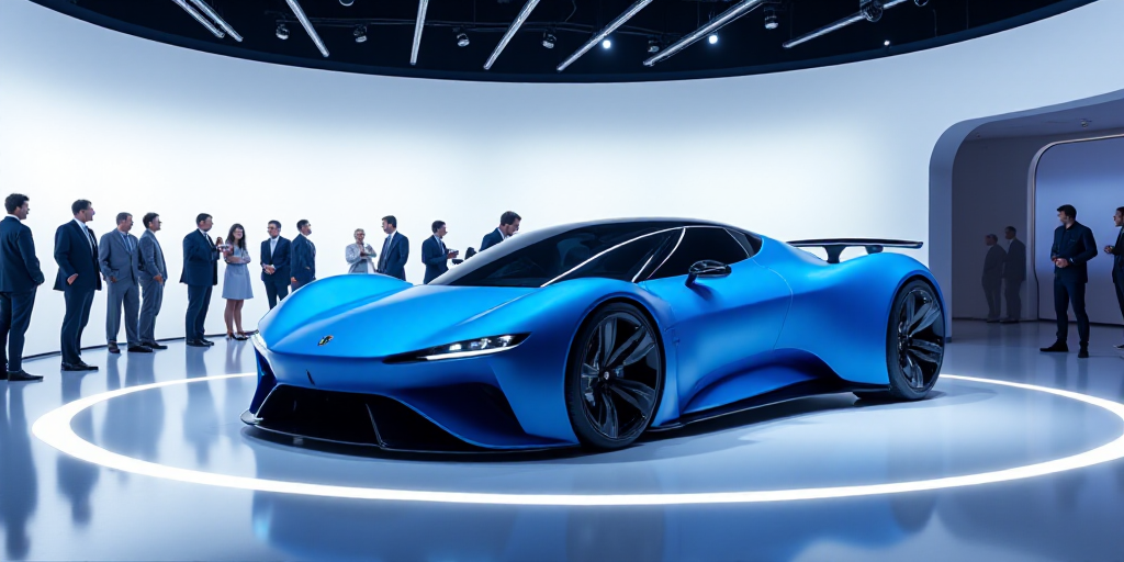a blue car is on display at a showroom with people looking on and looking at it's display, Dahlov Ip
