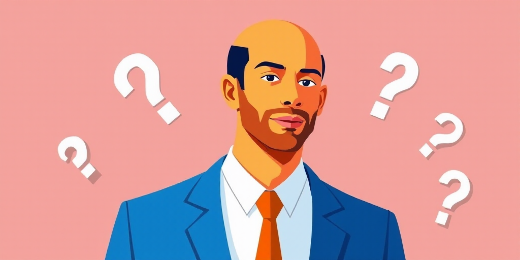a blue jacket with a white shirt and orange tie on a pink background with question marks on it and a