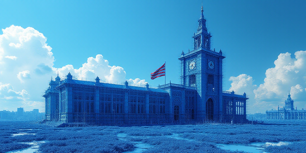 a blue picture of a building with a clock tower and a flag on it's side and a blue sky with clouds,