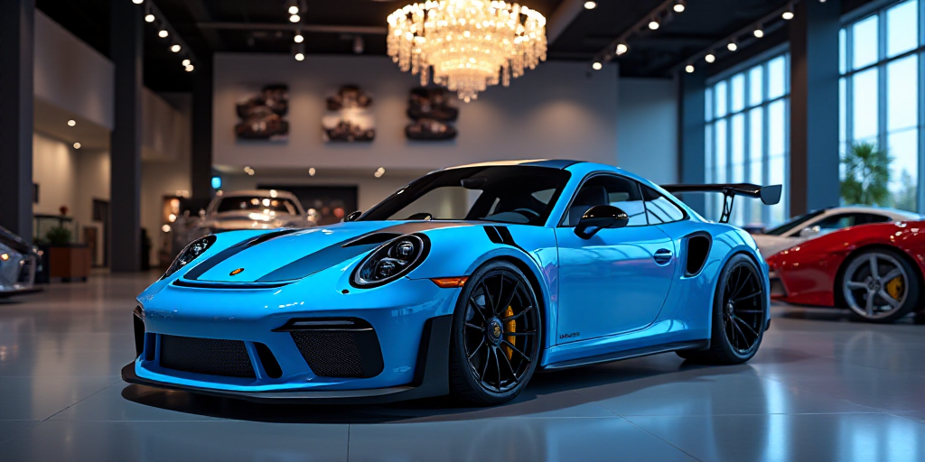 a blue porsche sports car on display at a showroom with a chandelier hanging from the ceiling, An Gy