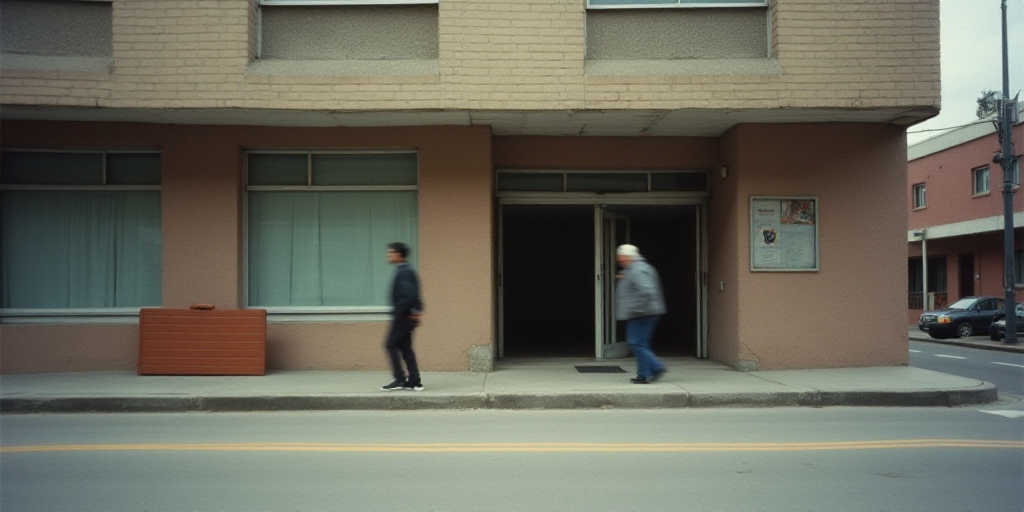 a blurry photo of a building with a person walking in front of it and a person walking out the front