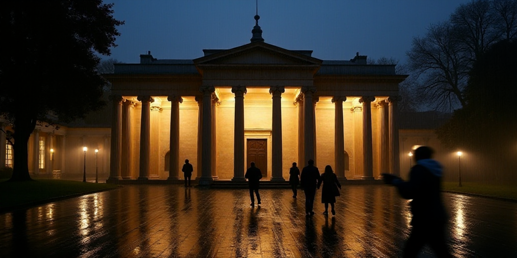 a blurry photo of a building with columns and people walking in the rain outside it at night time, C
