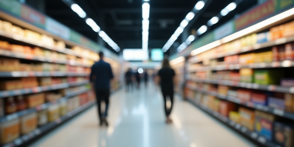 a blurry photo of a grocery store aisle with people walking by it and a row of shelves with food, An