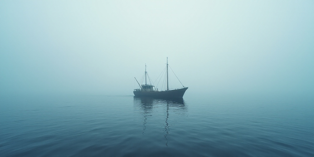 a boat in the ocean with a boat in the background in the foggy weather with a boat in the water, And