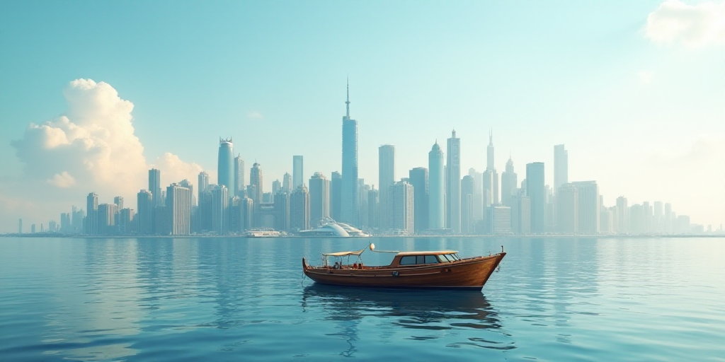 a boat is in the water near a city skyline with skyscrapers in the background, with a boat in the fo