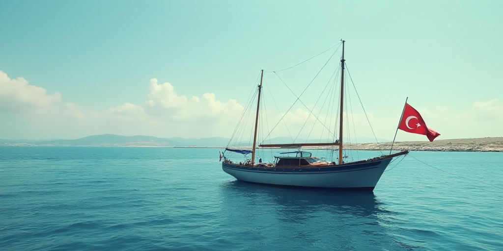 a boat with a flag on it floating in the ocean near a shore line with a flag on it, Ann Thetis Black