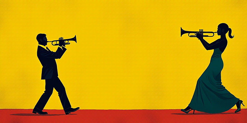 a book cover with a man playing a trumpet and a woman playing a trumpet in front of a yellow backgro