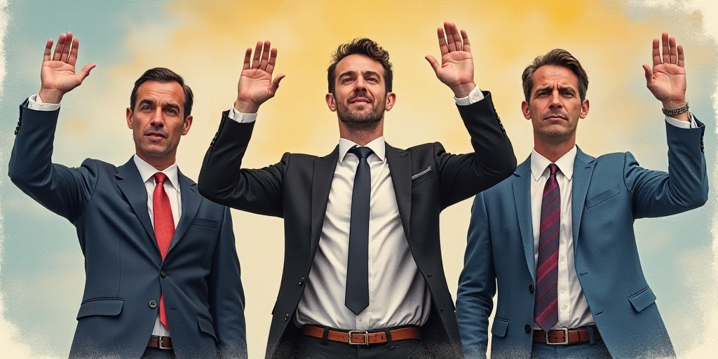 a book with two men in suits and one man in a suit and tie, with their hands up, Antonie Palamedesz,
