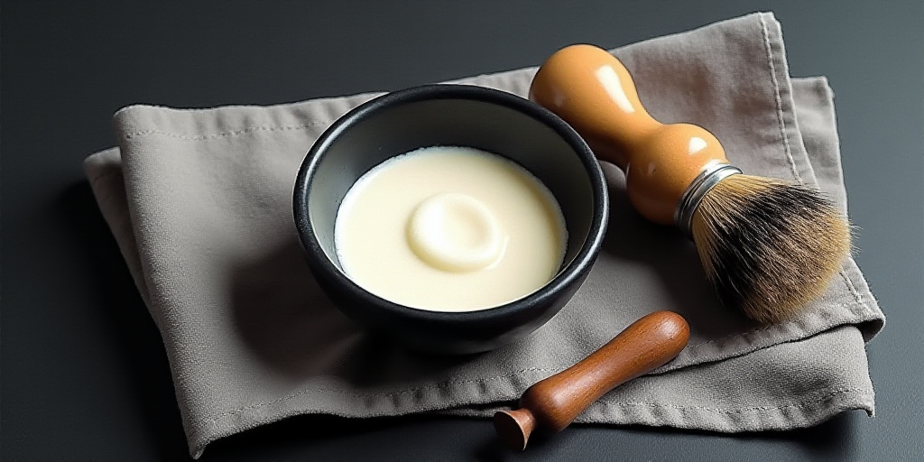 a bowl of cream next to a shaving brush on a towel on a black surface with a gray towel, An Gyeon, a