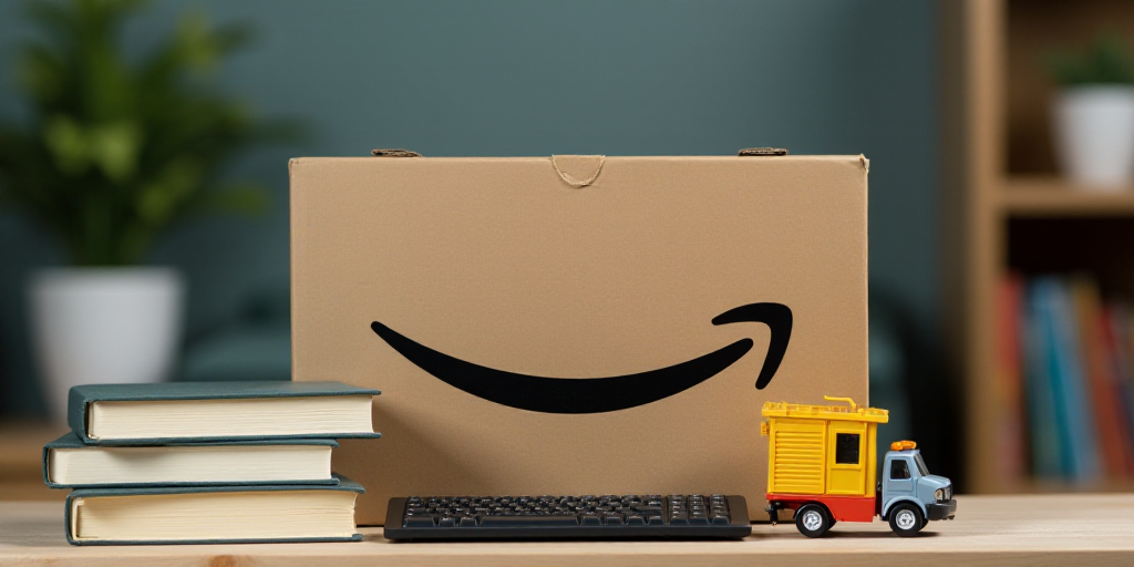 a box of amazon sitting on top of a table next to a stack of books and a keyboard on top of it, Avgu