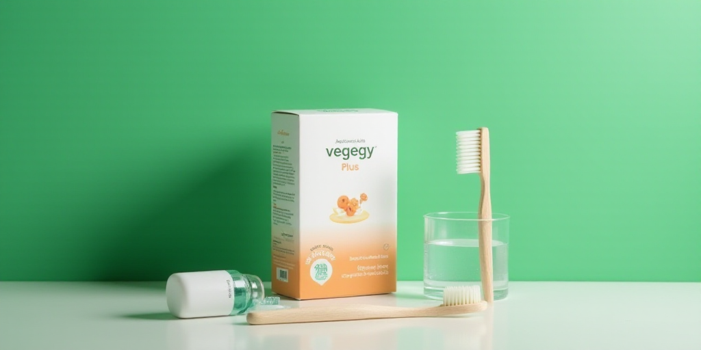a box of vegegy plus and a toothbrush on a counter top with a green wall behind it, Aquirax Uno, pro