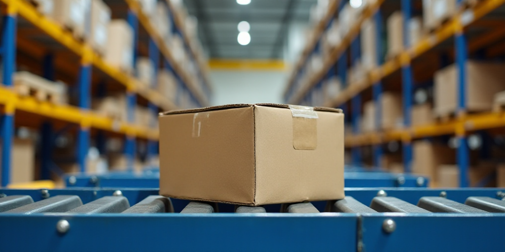 a box sitting on top of a conveyor belt in a warehouse with yellow and blue racks behind it, Andries