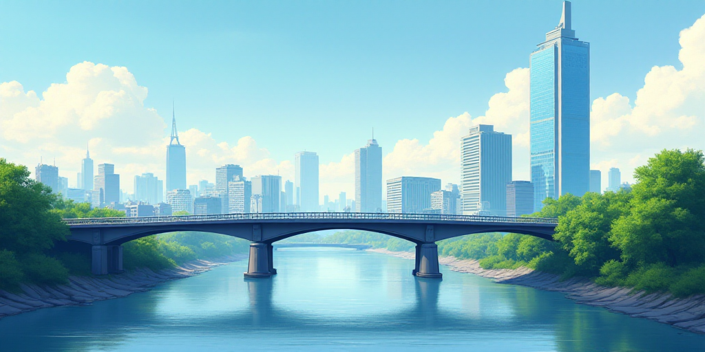 a bridge over a river with a city in the background and a tall building in the distance with a sky l