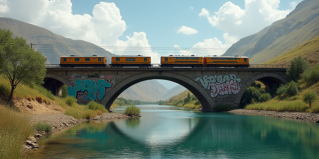 a bridge over a river with graffiti on it and a train on it's tracks above it and a bridge over the