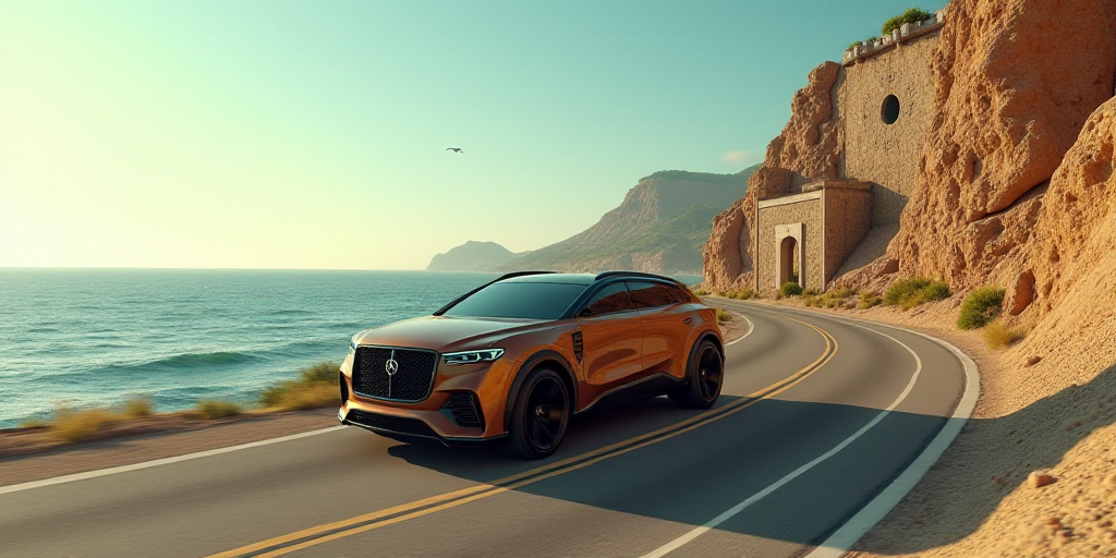 a brown suv driving down a road next to the ocean and a stone wall with a clock on it, Dosso Dossi,
