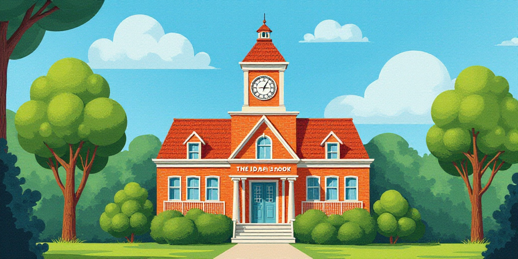 a building with a clock on top of it surrounded by trees and bushes in front of a blue sky, Evelyn A