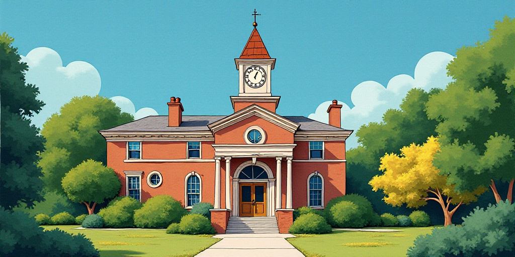 a building with a clock on top of it surrounded by trees and bushes in front of a blue sky, Evelyn A