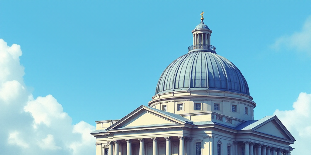 a building with a dome and a clock on top of it's side in front of a blue sky, Anne Rigney, promotio