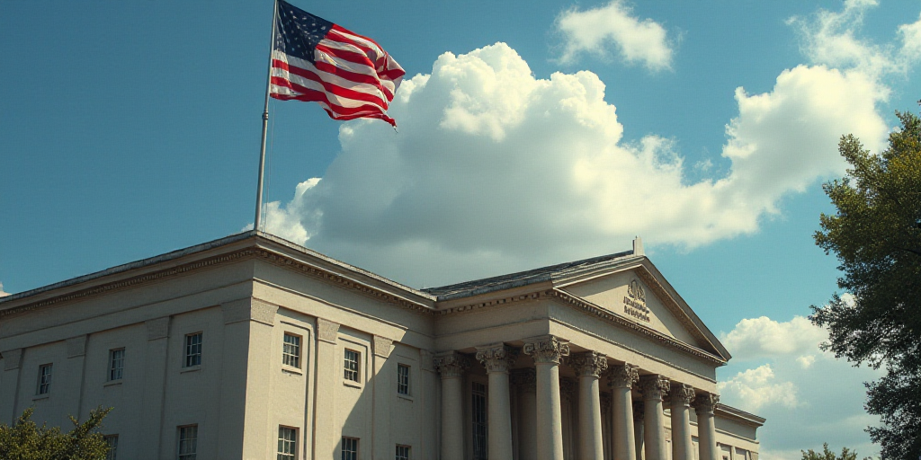 a building with a flag flying in the background and a sign that says department of justice on the si