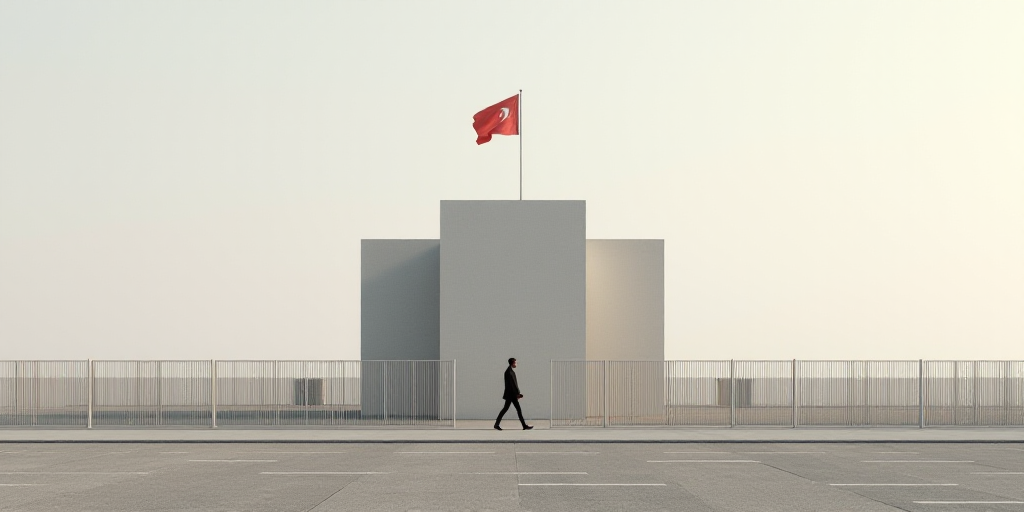 a building with a flag on top of it and a fence around it and a person walking in front of it, Andri