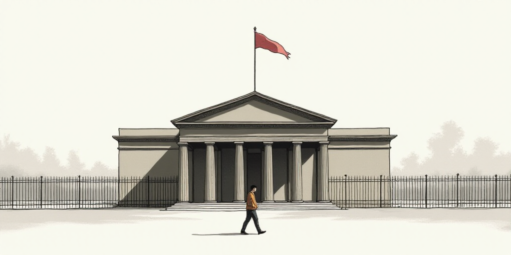 a building with a flag on top of it and a fence in front of it and a person walking in front of it,