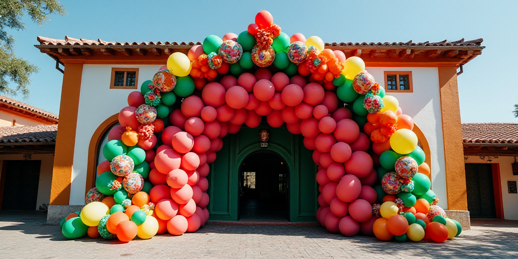 a building with a large arch decorated with balloons and streamers in front of it that says caa pomp