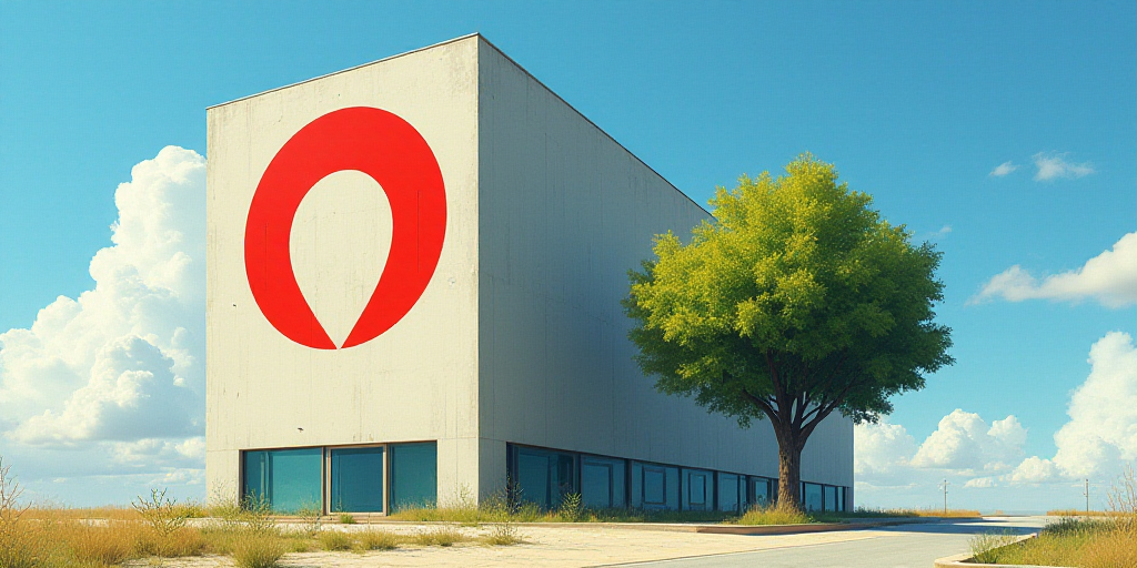 a building with a large oracle logo on it's side and a tree in front of it with a blue sky backgroun