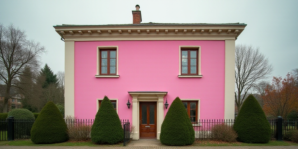 a building with a large pink sign on the side of it's face and trees in front of it, Annabel Kidston